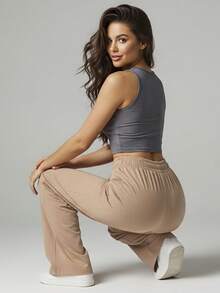 Comfortable Women's Wide-Leg Sweatpants, Soft, Structured Fit, Casual, Basic, Plain, With A Faux Drawstring. - Paja - Ver 6