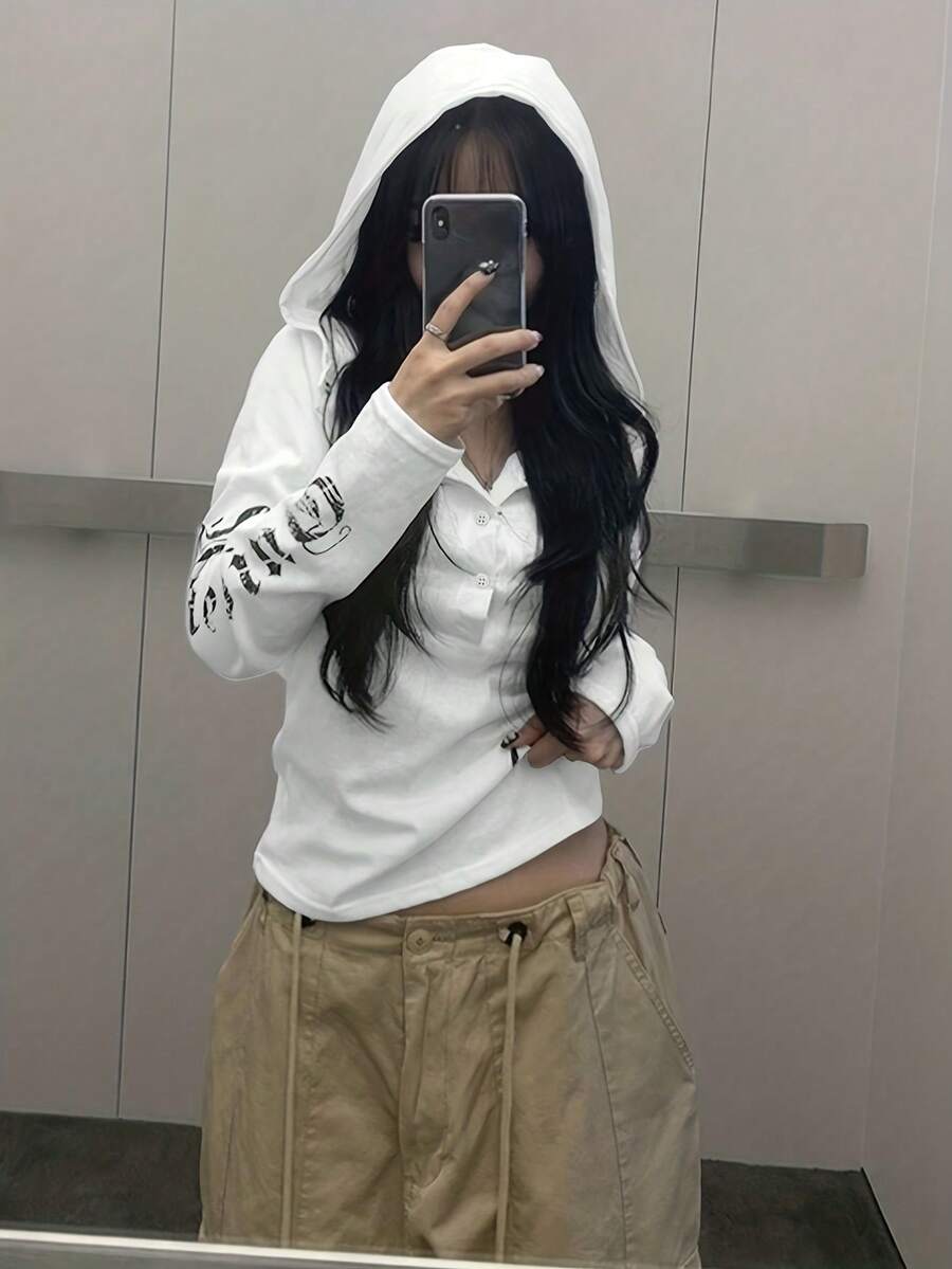 Y2K Alphabet Print Hoodie, Fall/Winter Street , Long Sleeve Hooded Lantern Sleeve Half Placket Sweatshirt - 白色 - 查看 1