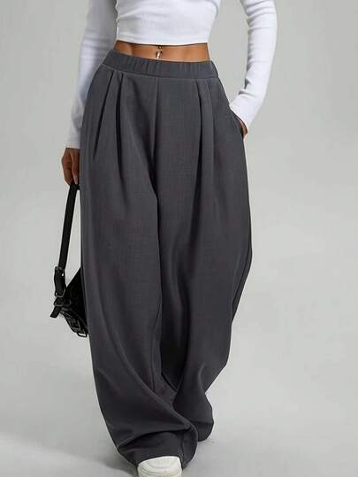 1pc Women Plus Size Solid Color Wide Leg Pants, Versatile Fashion Casual Wear For Daily And Commute