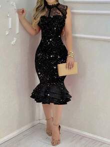 无袖蕾丝拼接性感纯色优雅美人鱼荷叶边下摆闪亮派对连衣裙，适合秋季、返校、音乐会、返校节、圣诞节、婚礼、生日、性感夜店装扮。 - 黑色 - 查看 2