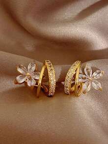 1 par de pendientes con forma de flor con circonita cúbica brillante, con un diseño único en C, todos a juego y elegantes, aros para orejas - regalo para San Valentín, mamá, madre, Día de la Madre - Amarillo Oro - Ver 6