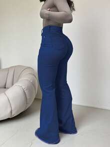 NVFelix 女士高腰修身喇叭牛仔裤，轻薄弹力面料，优雅时尚，Y2K户外休闲风，适合春夏穿着 - 深色水洗藍 - 查看 10