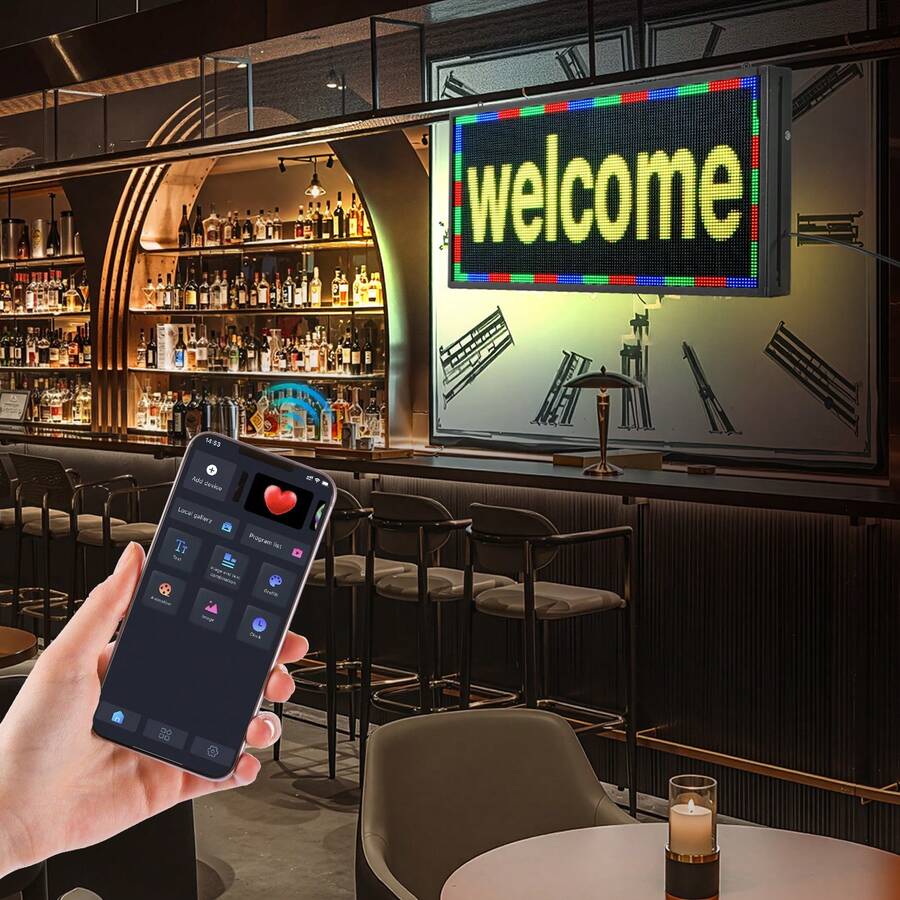 programmierbare LED Zeichen P10 Vollfarbe flexibles digitales Scrolling Panel, DIY Anzeigetafel mit benutzerdefiniertem Textmuster und GIF & Bluetooth App Steuerung (670 x 350 x 55 mm) - 670 x 350 x 55 mm P10 - Übersicht 1