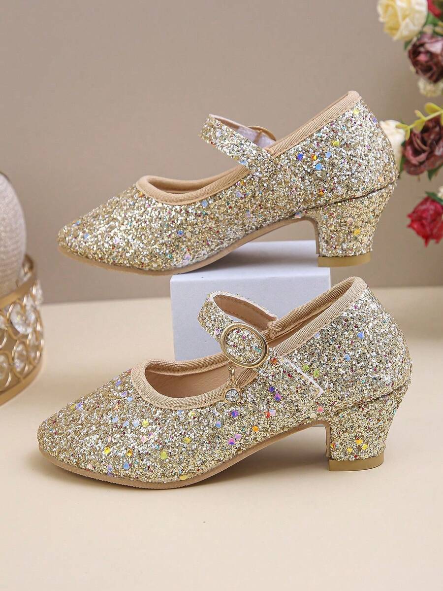 1 par de zapatos de tacón alto pequeños y elegantes con diseño de y lentejuelas de colores para niñas - Zapatos de baile - Zapatos de princesa - Zapatos de banquete, aptos para uso durante todo el año, gran regalo para cumpleaños y festividades de los niños
