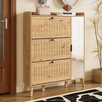 Modern Storage File With Spiegel And Klapptüren – High Format Flurschrank Mit 3 Klappfächern, Ablage Und Spiegel – Platzsparender Schuh-Organizer Für Eingangsbereich (110*24*137.5 Cm)