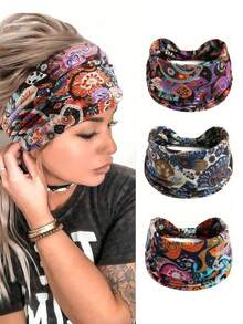 Bộ 3 băng đô co giãn thắt nút họa tiết Paisley cổ điển, phụ kiện tóc đa năng phong cách Boho cho nữ, thích hợp cho yoga, thể thao. - Nhiều màu - Xem 1