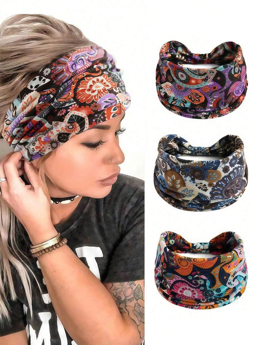 Bộ 3 băng đô co giãn thắt nút họa tiết Paisley cổ điển, phụ kiện tóc đa năng phong cách Boho cho nữ, thích hợp cho yoga, thể thao. - Nhiều màu - Xem 1