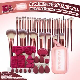 56-Piece Makeup Sponge, Powder Puff, And Brush Set With Cleaning Bowl, Hairband, And Face Sponge – Complete Tool Kit For Loose Powder, Concealer, And Liquid Foundation; Professional Facial And Eye Makeup Tool Combination