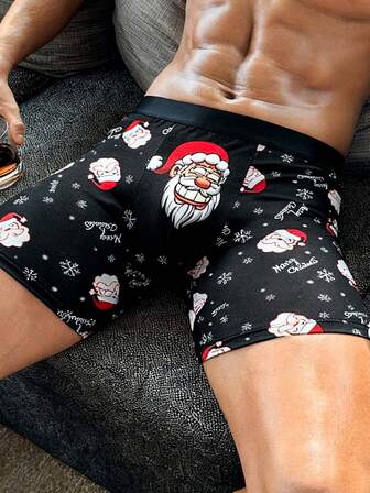 1件圣诞老人印花卡通男士长款舒适透气弹力平角内裤，跑步运动健身内裤，圣诞礼物。