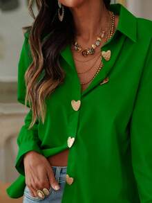 Green Front Button Long Sleeve Blouse For Plus Size Women, Dropped Shoulder Heart-Shaped Button Loose Casual Woven Fabric, Elegant Versatile Work Wear Top Spring - Green - View 3