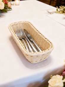 1pc Rectangular Rattan Cutlery Basket, Dual Color Options - Rattan Woven Utensil Storage Box For Kitchen Countertop And Drawers | Suitable For Tableware, Knives, Forks, Spoons Woven Storage Basket | Farmhouse Style Kitchen Organizer