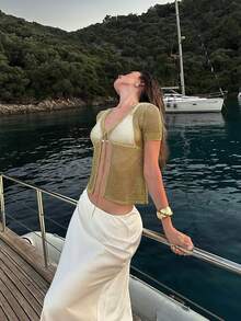 Women's V-Neck Solid Color Hollow Semi-Sheer Lace-Up Casual Short Sleeve Knit Cardigan, Suitable For Vacation And Travel