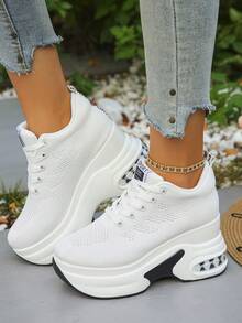 Women's Comfortable Breathable Fabric Casual Preppy Lace-Up Platform Sneakers, Suitable For Outdoor, Gym, All Seasons - White - View 5