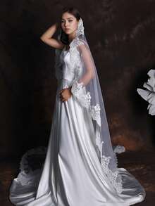 1 Stück einlagiger Spitzen-Kathedralenschleier, ideal für Braut-Hochzeitsfotografie, langes, weiches, transparentes Hochzeitsaccessoire - milchig - Übersicht 6