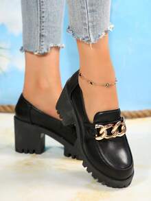 链条装饰平底乐福鞋，黑色朋克风高跟鞋，女士款，饰有金属链条 - 黑色 - 查看 5