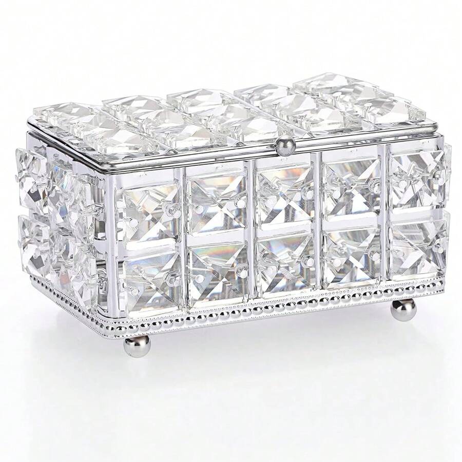 ELLDOO Crystal Jewelry Box Rectangle Trinket Organizer With Lid Earrings Rings Vintage Treasure Keepsake Box For Valentine Wedding Dresser Bedroom Decoration, Silver,Large,Silver - Silver - 查看 1
