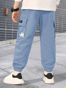 1pc Tween Boy Casual Outdoor Pocket Cartoon Print Cargo Pants, Spring/Summer/Autumn - Dusty Blue - View 5