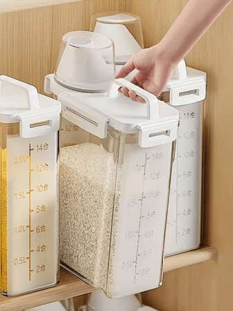 1 st lufttät matförvaringsbehållare med lock - fuktsäker och läckagesäker, lämplig för pasta, flingor, nötter, mjöl, ris, bönor etc. - bärbar köksorganisation, kökstillbehör, måltidsberedning, kylskåpsförvaring, heminredning, matrumsprylar, förseglad behållare med handtag och mätskala, kan även användas i tvättstugan för att organisera tvättmedel, sköljmedel etc.