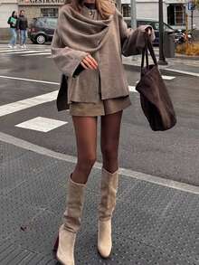 Áo khoác cardigan dệt kim ngắn tay dài cổ choàng dáng rộng, thích hợp cho mùa Thu/Đông/Xuân. - Xám - Xem 6