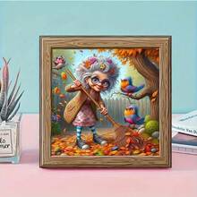 Pintura de diamante 5D de perforación completa Escena acogedora de otoño, pintura decorativa, manualidad DIY para decoración de pared del hogar, incluye elementos como una mujer mayor barriendo hojas, hojas de otoño coloridas, cerca de madera, árbol de hojas naranjas, pájaros de colores, fondo rosa, adecuado para regalos y decoración del hogar