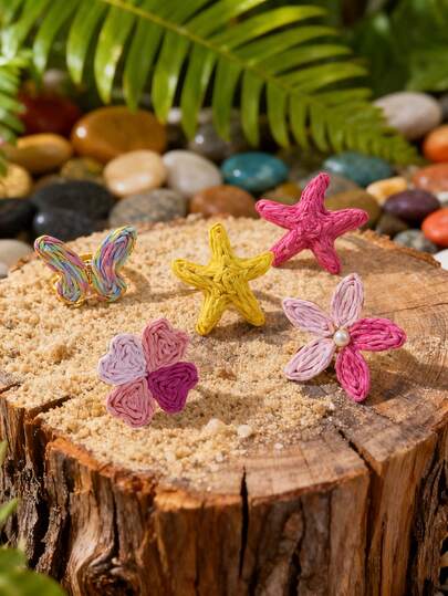 1 pieza Anillo de estilo vacacional bohemio de primavera/verano con flor de rafia, trébol de cuatro hojas y estrella de mar, adecuado para que las damas lo usen en fiestas y de vacaciones