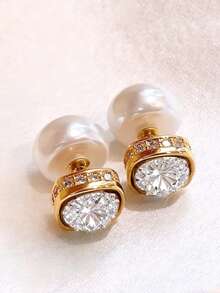 1 Pair Front & Back Style Emerald Crystal & Faux Pearl Stud Earrings, Elegant & Versatile For Women