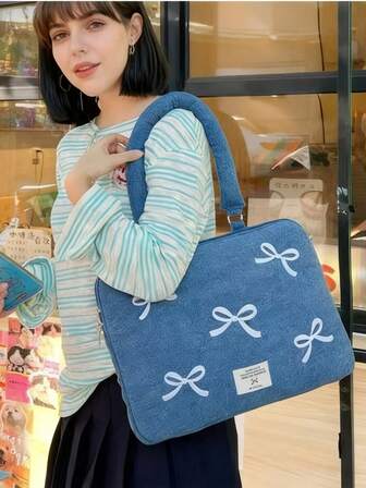 1pc New 13.7 Inch Washed Denim Laptop Bag With Bow Embroidery