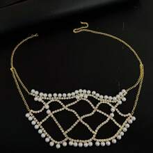 European And American Fashion Mesh Imitation Pearl Multi-Layer Mask, Face Mask, Hollow Out Decorative Mask, Exaggerated Music Festival Party Rhinestone Mask - Gold - View 2