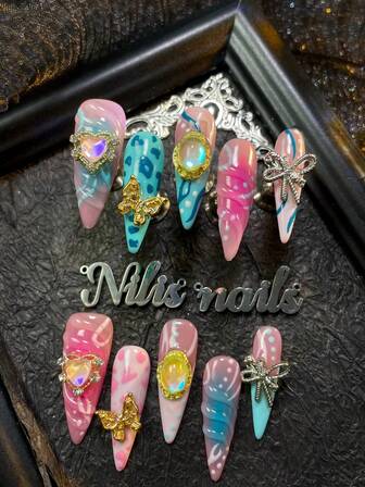 10pcs Stiletto Nail Press On Nails Set,Light Pink Nail Art,Blue&Pink French,Rose Red&Blue Tie Dye,3D Three Dimensional Nail Rhinestone&Heart&Butterfly Accessories,Colorful Shiny Nail Gems,Hand Drawn Blue Leopard Print&Pink Heart&Geometric Pattern Y2k Style Wearable NailArt Set,Suitable For Women To WearDaily Parties (With: A Piece Of JellyGlue And A Friction Strip) Nail SuppliesNails