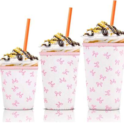 3 Pack Iced Coffee Cup Sleeve For Large Sized Cups, Reusable Neoprene Iced Coffee Cup Holder For Hot Cold Drinks, Compatible With , Donuts, And More(Pink Bow)