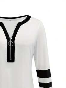 [Elegant Tee] Stylish Black And White Long Sleeve-Shirt |   Women's Color Block Tee With Zipper Detail - Casual Yet Elegant, Spring And Fall - 白色 - 查看 5