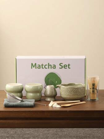 [Japansk Matcha] Grön Matcha Ceremoni Set - 10 delar japansk bambu teservis - Matchakopp, Matcha skål, komplett traditionell dekorativ gåva