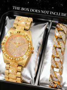 4件套奢华女士石英表套装，女士黄金配饰全水晶首饰套装（包括全水晶金属表带石英表、无限符号/心形/水晶手链），采用全金全水晶设计，结合优雅的无限符号和心形装饰元素。 - 金色 - 查看 6