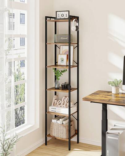 Book Shelf, Industrial Bookcase With 2 Hooks, Coner Shelf Storage Organizer For Home Office, Living Room, Bedroom, Kitchen, 5-Tier/6-Tier Rustic Brown