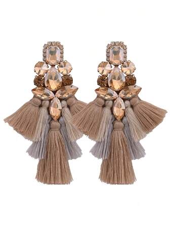 sehuoran 1 par de pendientes largos de estilo bohemio con borlas de aleación de cobre hechos a mano, con cristales, de colores mixtos, diseño de marca, pendientes de boda con borlas, regalo de joyería, pendientes color champán