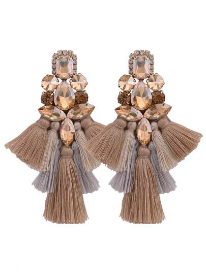 sehuoran 1对波西米亚风手工铜合金焊接水钻流苏长款耳环，女士混色设计，品牌设计，婚礼流苏耳环，珠宝礼品，香槟色耳环