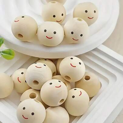 10/15/25/35/50pcs Happy Expression Wooden Beads For Jewelry Making - Decorative Round Wooden Beads For DIY Handicrafts, Necklaces, Handmade Decorations - Artisan Handicraft Supply