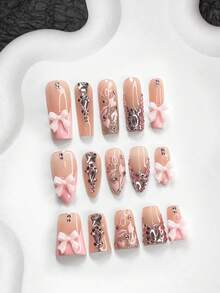 10pcs Premium Shiny Pink Nail Stickers, French Fake Nails, Hand-Painted Lips, Heart-Shaped Nail Decorations, Bows, Pink Butterfly Nail Accessories, Pink Nail Polish, Glitter Nail Polish, 3 Sizes Available (Almond, Duck Mouth, Coffin), Includes Nail Tools (1 Jelly Sticker + 1 Nail File), Suitable For Daily Commute, Valentine's Day, Wedding, Party, Etc. Nail Supplies - 彩色 - 查看 1