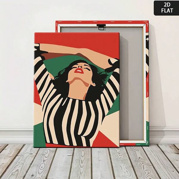 1pc Art Popular Modern Retro Poster - Women Wearing Striped Shirts, Stretching Their Arms, And Vivid Color Block Canvas Printing, Suitable For Decorating Living Rooms, Bedrooms, Bathrooms, Kitchens, Offices, And Classrooms, Perfect For Room Decoration Vintage Frameless Wall Arts Posters