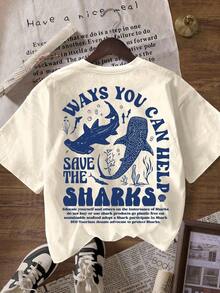 Women's Casual Round Neck Short Sleeve-Shirt With Shark Ocean Conservation Print - Mơ nhạt - Xem 4