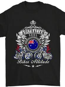 Camiseta gráfica de hombre Australian Riding Soul Attitude - 100% algodón 180g transpirable, casual, de manga corta y cuello redondo, diseño patriótico de motocicleta, adecuada para regalo del Día del Padre, estilo cómodo - Negro - Ver 1