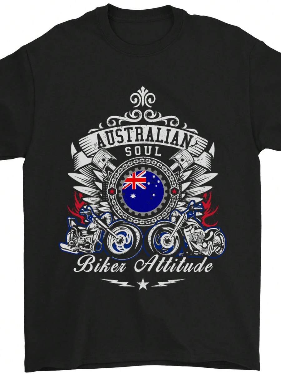 Camiseta gráfica de hombre Australian Riding Soul Attitude - 100% algodón 180g transpirable, casual, de manga corta y cuello redondo, diseño patriótico de motocicleta, adecuada para regalo del Día del Padre, estilo cómodo - Negro - Ver 1