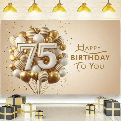 2D平面背景布，1件装，75岁生日主题，涤纶材质，多色，100%涤纶成分，适用于派对装饰、节日派对、家居装饰、摄影棚道具、房间装饰