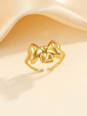 1pc Stainless Steel Minimalist Golden Bowknot Open Ring, Suitable For Women's Daily Wear Or Gift