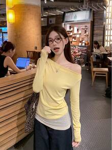 Women Elegant Regular Sleeve Asymmetric Hem Knit Long Sleeve Top - Yolk - View 9