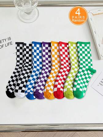 1/4 Pair Women Checkered Pattern Fashion Socks, Soft & Comfortable Mid-Calf Socks, Casual Socks For Ladies, Autumn New Arrival