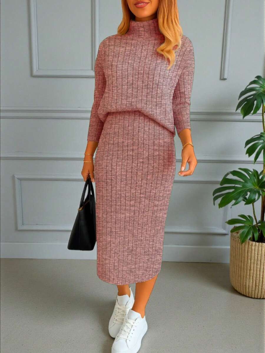 Conjunto Falda y Sueter Tedido de Punto Comodo #SensaciónDelujo #EstiloRomanticoDeSanValentín - Rosa Rayas - Ver 1