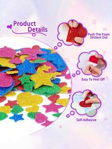 300pcs Colorful Glitter Foam Stickers, Self-Adhesive Stars, Mini Heart Shaped Glitter Stickers, Ideal For Kids Party Favors, Arts & Crafts, Suitable For DIY Crafts, Scrapbooking, DIY Cards, Envelopes And Home Decor (Random Colors And Styles) - Multicolor - View 9