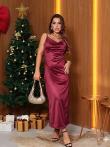 Midi Satin Dress With Adjustable Thin Straps, Elegant Party Dress,  And Luxurious. - 酒紅色 - 查看 2