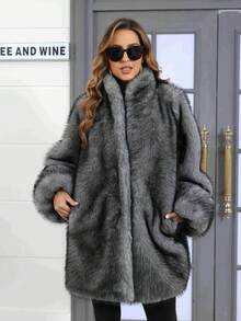 Plus Size Faux Fur Animal Print Fashionable Jacket, Everyday Wear, Autumn/Winter - Grey - View 9